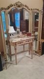 Absolutely fabulous antique French, hand-carved, triple-mirror dressing table, with marble top. Yes, it ticks all the boxes. Yes, the woman of the house is a diva.