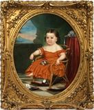Lot#2002, C. V. BOND, AMERICAN OIL ON CANVAS, 1853, 40" X 33" PORTRAIT OF CLOTILDE PALMS,Portrait of a seated girl, Clotilde Palms (granddaughter of Joseph Campeau), daughter of Francis Palms and Adelaide Dequindre, who married James Burgess Book.  No apparent signature, an oval canvas within an elaborate gilt gesso and wood frame, 52" x 45" overall, Charles V. Bond, b. 1825, Illinois/Michigan. Chs
