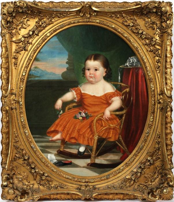 Lot#2002, C. V. BOND, AMERICAN OIL ON CANVAS, 1853, 40" X 33" PORTRAIT OF CLOTILDE PALMS,Portrait of a seated girl, Clotilde Palms (granddaughter of Joseph Campeau), daughter of Francis Palms and Adelaide Dequindre, who married James Burgess Book.  No apparent signature, an oval canvas within an elaborate gilt gesso and wood frame, 52" x 45" overall, Charles V. Bond, b. 1825, Illinois/Michigan. Chs
