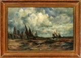 Lot#2003, ROBERT HOPKIN OIL ON CANVAS H 20", L 30", SHIPS AT LOW TIDE,Robert Hopkin [American, 1832-1909].  Depicting sailing ships on the shore at low tide with figures.  Signed lower fight and framed.  Hudson's label on verso.
