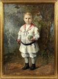 Lot#2007, GARI MELCHERS (AMERICAN 1860-1932), OIL ON CANVAS, 1905, H 49", W 36", EDWARD ALGER AGE FOUR.GARI MELCHERS OIL ON CANVAS, EDWARD ALGER AS A YOUNG MAN 1905. Signed lower left. Melchers became a member of the National Academy of Design, New York; the Royal Academy of Berlin; Société Nationale des Beaux Arts, Paris; International Society of Painters, Sculptors and Engravers, London, and the Secession Society, Munich; and, besides receiving a number of medals, his decorations include the Legion of Honor, France; the order of the Red Eagle, Germany; and knight of the Order of St Michael, Bavaria. In 1889, he and John Singer Sargent became the first American painters to win a Grand Prize at the Paris Universal Exposition. Edward Alger was the son of Frederick Alger. Frederick Alger, the son of Russell A. Alger, graduated from Harvard in 1899, served as a lieutenant colonel with the American Expeditionary Force (AEF) in France during the First World War and was awarded the French Le