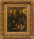 Lot#2008, NARCISSE VIRGILE  DIAZ DE LA PENA (FRENCH 1808-1876), OIL ON CANVAS, H 23", W 18", NYMPHS IN FOREST.Signed lower left.  From the Estate of Harold Boyer, Grosse Pointe, Michigan. By descent from Frederick Alger, Grosse Pointe, Michigan. Frederick Alger, the son of Russell A Alger, graduated from Harvard in 1899, served as a lieutenant colonel with the American Expeditionary Force (AEF) in France during the First World War and was awarded the French Legion of Honor. His son, Russell A. Alger, Jr., was instrumental in persuading the Packard Motor Car Company to move to Michigan from Ohio; he also built in Grosse Pointe, Michigan, a palatial Italian Renaissance style estate, "The Moorings", which was donated in 1949 and became the Grosse Pointe War Memorial, honoring veterans of World War II. (Source Wikipedia).