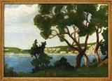 Lot#2010, WILLIAM WENDT OIL ON BOARD H 10", L 14", SUMMER LANDSCAPE.William Wendt [American, 1865-1946].  The Summer landscape depicts a lake with homes on hills overlooking the lake.  Signed lower right and framed.  Framed size H 10.75", L 14.75".