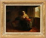 Lot#2012, BERNARD DE HOOG (DUTCH 1863-1943), OIL ON CANVAS, H 16", L 20"Mother and child seated by door.  Signed lower left.  In antiqued gilt wood frame.