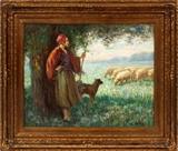 Lot#2013, CHARLES E. WALTENSPERGER (AMERICAN 1871-1931), OIL ON CANVAS, H 16", W 20", SHEPHERDESS WITH SHEEP,Signed lower right. Period frame. Size is image only.