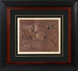 Lot#2022, PABLO PICASSO, LINOLEUM CUT, C. 1959, H 20", W 25", "FEMME COUCHEE ET HOMME AU GRAND CHAPEAU"Pablo Picasso, (Spanish,1881-1973). Titled: "Femme Couchee et Homme au Grand Chapeau". Linoleum cut printed in brown, black, and ocher on arches wove paper. Signed in pencil, numbered. From the edition of 50.  Registration No. 91742. Image size: 20 7/8" X 25 1/4". Certificate of authenticity by Park West Gallery.
