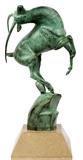 Lot#2023, MARSHALL FREDERICKS, BRONZE 1979 H 31" LEAPING GAZELLE.W 18". Signed. Green patina. Height of sculpture is 31" including only bronze. Marble base is 7" in addition. Includes custom made wood pedestal. Purchased in 1979 from Marshall Fredericks by Karl Gilbert of Southfield Michigan. Marshall M. Fredericks (1908 - 1998), known nationally and internationally for his impressive monumental figurative sculpture.
