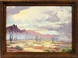 Lot#2038, JOSEPH HENRY SHARP (AMERICAN 1859-1953), OIL ON PANEL, H 14", W 20", "DESERT RAIN"Signed lower left; gilt frame.