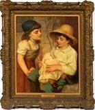 Lot#2133, WILLIAM MORGAN, (AMERICAN, 1826-1900) OIL ON CANVAS, H 27", W 22" "PRECIOUS RESPONSIBILITY"Signed ‘W. Morgan’ lower right, depicts a young boy and young girl holding a baby. Elaborate gilt wood and gesso frame. Newhouse Gallery labels on verso with title and #7352.