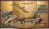 Lot#2208, JAPANESE GOLD LEAF SCREEN, H 56", W 96"Hand painted on gilt ground. Tiered pavilions revealing scenes of Japanese life. Narrow wood frame, brass corner mounts. Silk border and lining on reverse. Unsigned. From the collection of Irene Walt, Huntington Woods, Michigan.