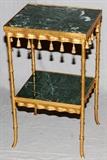 Lot#2320, FRENCH "SCHIAPARELLI" METAL FRAME TABLE MARBLE TOP, H 28"After Schiaparelli, green marble top and lower shelf, square. Tassels decorate frieze.  H 28", W 16", D 14".