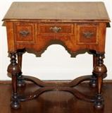 Lot#1030, WILLIAM & MARY STYLE WALNUT LOWBOY, 18TH C., H 29", W 29", D 18"Fitted with three drawers, raised on trumpet-form supports joined by stretchers.