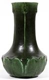 Lot#1123, GRUEBY FAIENCE CO. POTTERY VASE, BOSTON, C. 1900, H 8"Stylized water lily motif with matte green glaze. Impressed circular stamp and triangle underneath (see photo). Measuring H.8", early 20th Century.