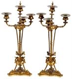 Lot#1161, RENAISSANCE REVIVAL PATINATED METAL THREE-LIGHT CANDELABRA, C. 1880, PAIR, H 19", W 9"Each has three scroll arms with classical style elements, the stem features coiled snake form, raised tripartite base. Circa 1880. Measuring H.19" x 9".