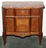 Lot#1180, FRENCH MAHOGANY & SATINWOOD THREE-DRAWER CHEST WITH MARBLE TOP, H 32", W 31", D 18"Fitted with three drawers, having a Breche D'alep marble top with beveled edges, and bronze ormolu mounts. Measuring H. 32 1/2" x 31 1/2" x 18".