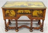 Lot#1184, WILLIAM & MARY STYLE WALNUT DESK WITH ORIENTAL DECORATION, H 31", W 47", D 22"Having three drawers, twist legs and a glass top.