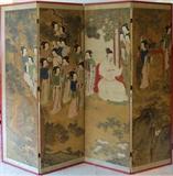 Lot#1216, CHINESE FOUR-PANEL SCREEN, 19TH C., H 67"Depicting emperor with attendants.