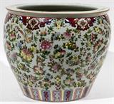 Lot#1224, CHINESE ENAMELED PORCELAIN PLANTER, H 12", DIA 15"The exterior decorated in colorful enamels with birds among flowers and fruit. The interior features koi fish.