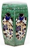 Lot#1226, CHINESE GLAZED POTTERY GARDEN SEAT, H 19", W 12"Hexagonal pierced floral panels, glazed in green, blue, tan, and white.