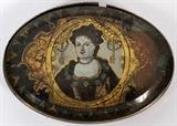 Lot#1248, ENGLISH SILVER & EGLOMISE PORTRAIT SNUFF BOX, C. 1710, L 2 7/8", QUEEN ANNE.Oval form, having a glazed cover with beveled edge painted on the reverse with a portrait of Queen Anne, within a silver frame; the silver base is hallmarked with a lion passant and maker's mark "AH" surmounted by a crown (see additional photo), unidentified, circa 1700 [Ref.: "The Book of Old Silver" by Seymour B. Wyler, copyright 1979, p.212], gold wash interior.  Measures H.1/2" x 2 7/8" x 2".