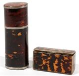 Lot#1255, TORTOISE SHELL CLAD BOXES, LATE 19TH C., TWO L 3 1/4"-5"Including 1 rectangular box with metal mounts, the hinged lid stamped with French hallmarks (probably silver plate), measuring L.3 1/4", together with 1 spectacle case with silver mounts, measuring L.5". Late 19th Century.