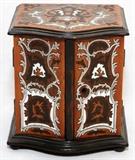 Lot#1291, FRENCH MARQUETRY MINIATURE CABINET, 19TH C., H 5", W 5"An inlaid mahogany case fitted with a pair of doors opening to three fabric lined drawers.  Measures H.5 1/4" x 5" x 4".