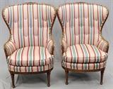 Lot#1315, CARVED WALNUT & UPHOLSTERED ARMCHAIRS, PAIR./Having carved twisted legs, flower and leaf carving on the arms and back with overall stripped upholstery.  Measuring H.46" x 27".