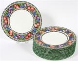 Lot#1403, WEDGWOOD PORCELAIN DINNER PLATES, SET OF TWELVE, DIA 10 5/8"Pattern #W463, each decorated in a fruit motif about the rim with a green edge. Stamped at the undersides {see additional photograph}, measuring Dia. 10 5/8". Mid to late 20th Century.