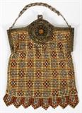 Lot#1495, ART DECO ENAMELED SILVER MESH EVENING BAG, C. 1920, W 5"Gilt metal frame with faux gem accent, W.5" x 6 3/4" (12" to the handle).  No apparent markings.