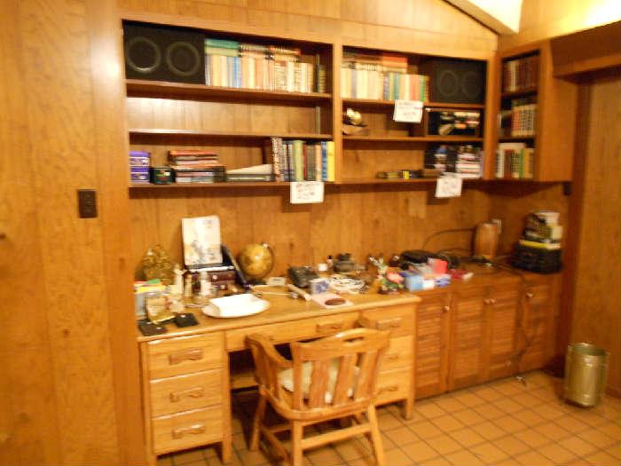 RANCH OAK DESK WITH CHAIR,  COOKBOOKS AND MISC.