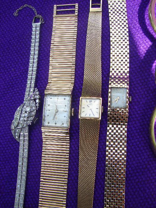 14k white gold and diamond Retro bracelet watch, men's 14k Longines, ladies 18k Giraud, ladies 14k Schulz