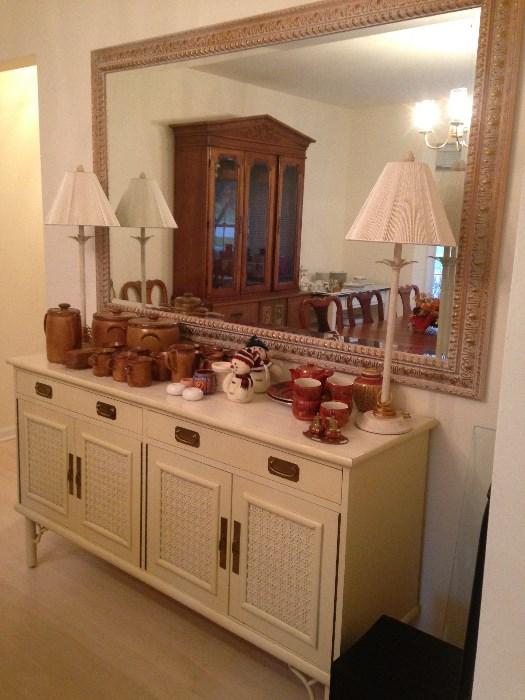 Painted buffet with bamboo style trim, large wall mirror, lamps, McCoy pottery