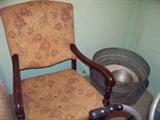 upholstered chair, galvanized tubs