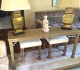 Erwin Lambeth Hollywood Regency style sofa table and stools. 