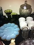 Vintage blue egg plate, Anchor Hocking sandwich pattern cookie jar and more.