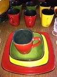 12 place settings, 60 pieces Corelle Hearthstone dinnerware. One set each of yellow, green and red, or mix and match.