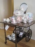 ANTIQUE TEA WAGON, BEAUTIFUL VINTAGE CHINA PIECES, TEA CUP COLLECTION