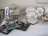 SILVER SERVICE PIECES, WEDGE WOOD "PRESTON" CHINA SET ( SERVICE FOR 12 , PLUS SERVING PIECES)