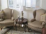 CUSTOM DESIGNER WING BACK CHAIRS, HEKMAN END TABLE