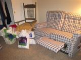 LAZYBOY RECLINING LOVESEAT AND ANTIQUE ROCKING CHAIR 