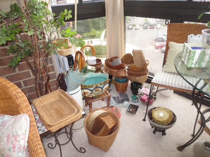 Planters, baskets, plant stands, umbrella stand, Chinese assortment of bowls, plates and display items.