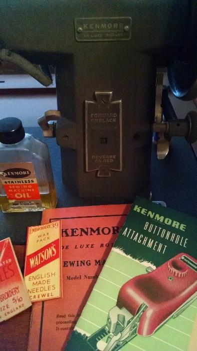 VINTAGE KENMORE SEWING MACHINE W/ CABINET AND ACCESSORIES !