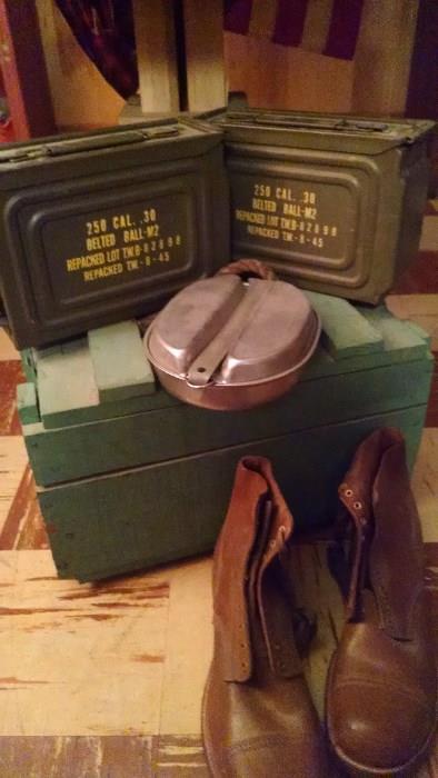 WWII AMMO BOX, BOOTS, ETC