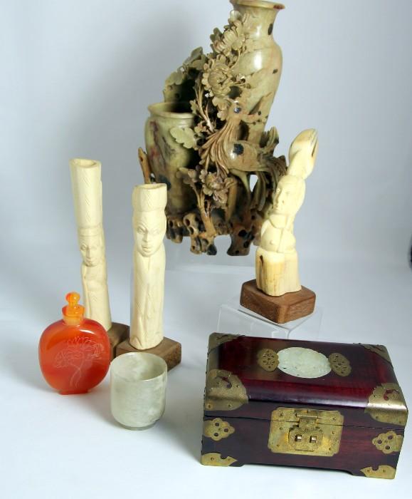 Jade Cup, Jade Inset on Jewelry Box, Bone Carvings, Soapstone Carving, Snuff Bottle