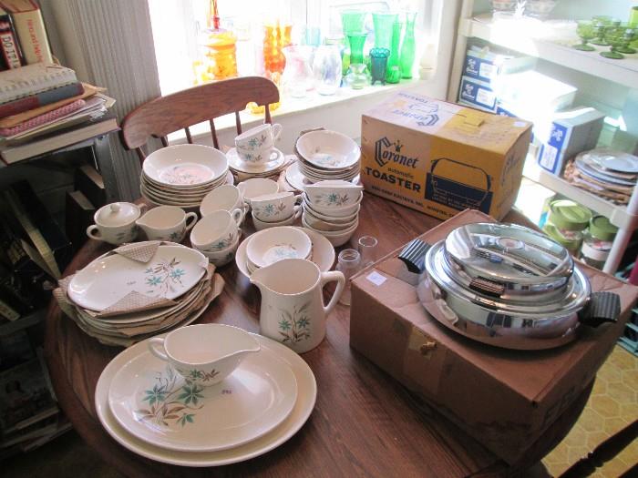 Vintage complete dish set and brand new 1940's era chrome waffle maker and toaster - never used still in original boxes