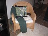 Wicker chair, blankets, throws, accent pillows