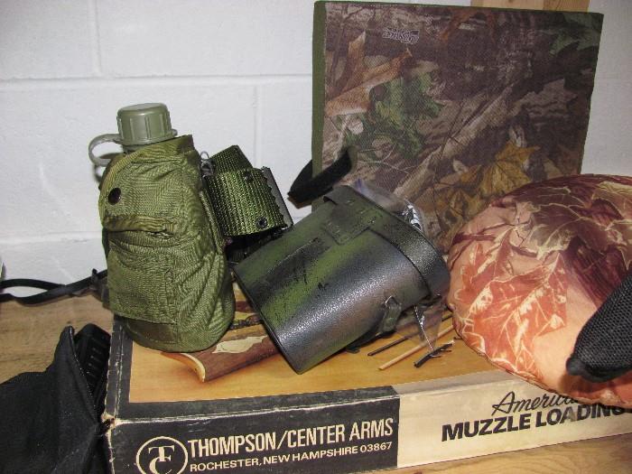 Binoculars, canteen, hunting seating, backpacks, duffle bags, muzzle loader rifles and kit