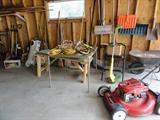 Toro self-propelled push mower, weed whip, weight bench, rakes & shovels
