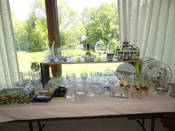 Watts ware pitchers, Anderson vases, elegant glass