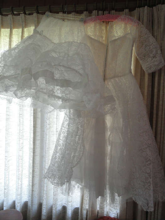 50's wedding dress and hoop skirt appears unworn